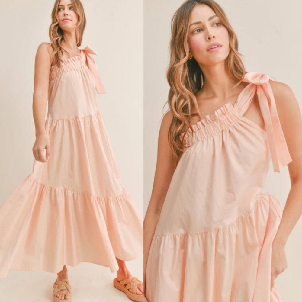 MABLE Brittany One Shoulder Tiered Maxi Dress Peach Anthropologie Cottage - Picture 2 of 10